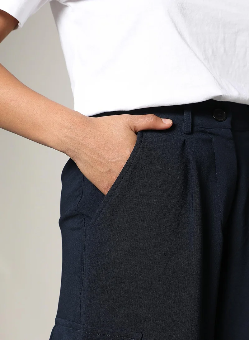 Pinacolada  Women's Navy Blue Baggy Cargo Pants For Casual Wear | Mid-Rise | 4 Pockets | Button Closure | Cargo Pants Crafted With Comfort Fit For Everyday Wear for Women | Best Price UAE